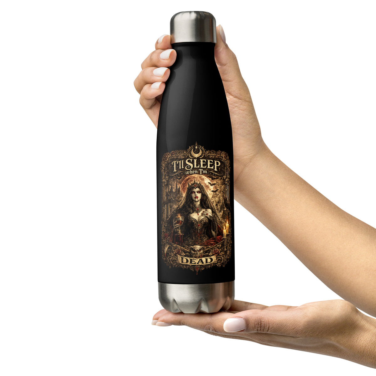Victorian gothic vampire artwork featuring moonlit architecture, ravens, candles, roses, skulls, and the slogan "I'll Sleep When I'm Dead" displayed on a black stainless steel water bottle.