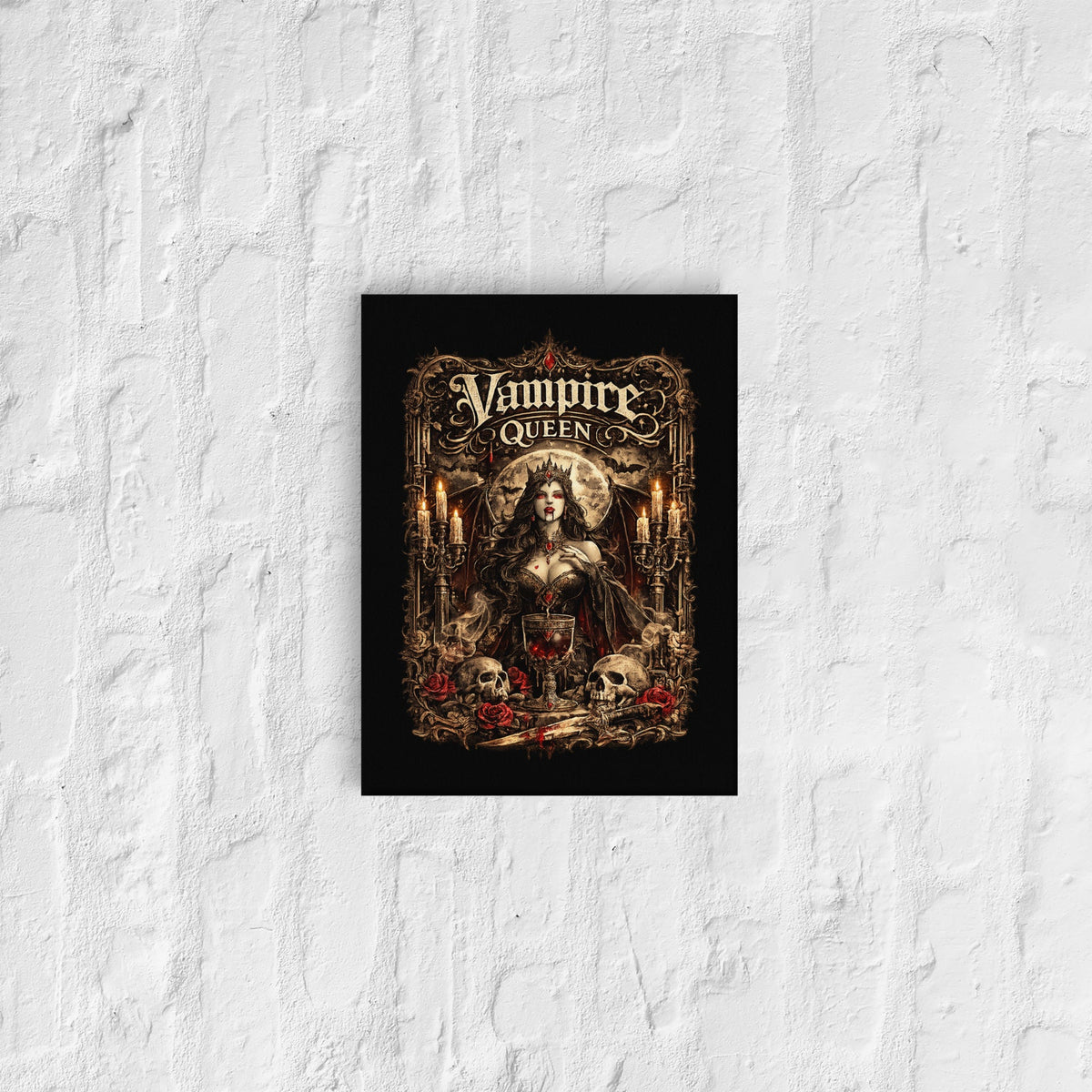 Victorian Gothic Vampire Queen canvas wall art featuring a moonlit vampire queen surrounded by roses, skulls, candlelight, and ornate gothic architecture in a dark fantasy setting.